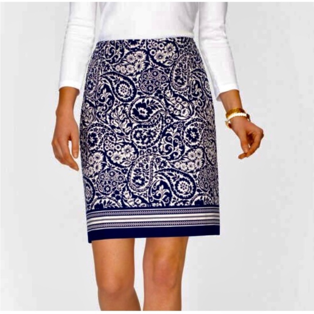 NWT Talbots blue white paisley short cotton skirt